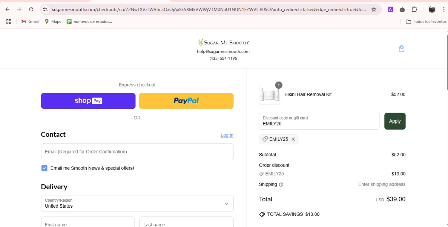 Sugar Me Smooth promo code screenshot showing code EMILY25 applied at Sugar Me Smooth checkout page. Uploaded by SimplyCodes community member adrianvasquez1 on Mar 8, 2025