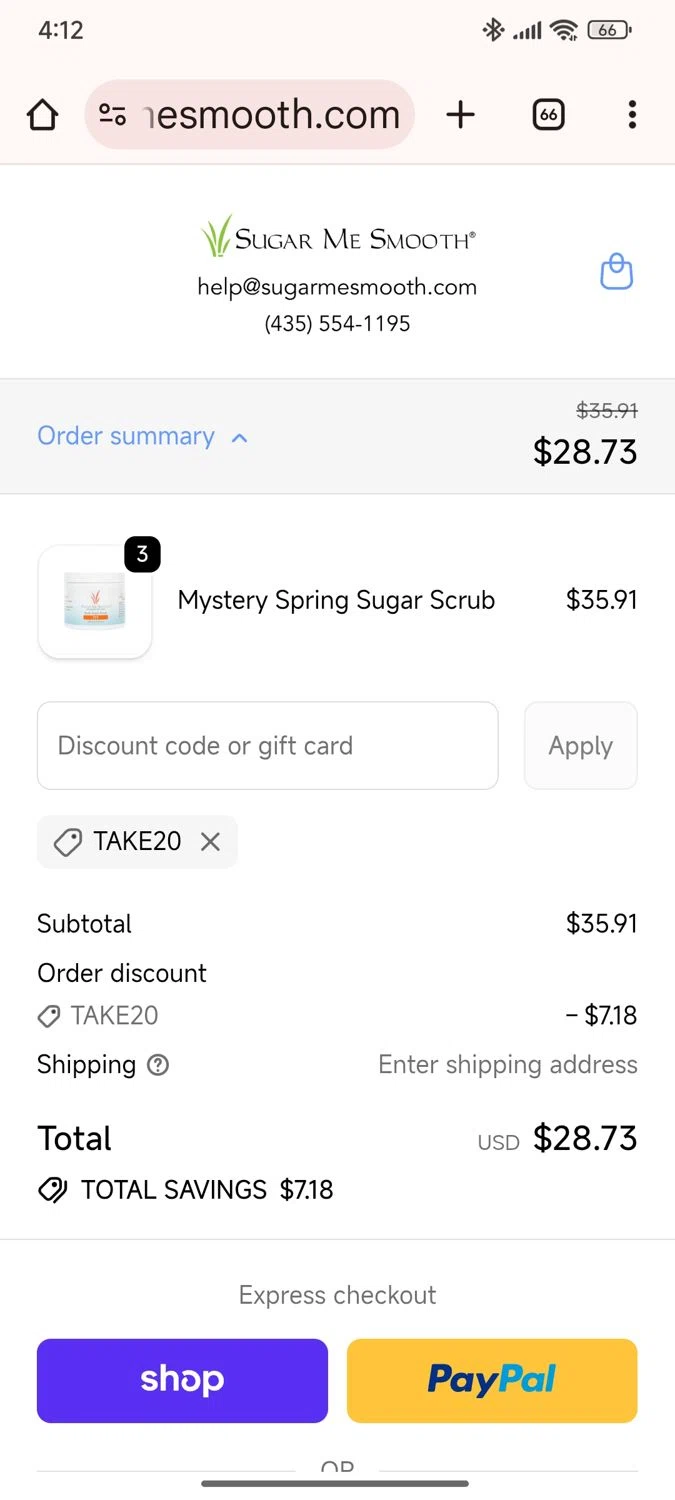 Sugar Me Smooth promo code screenshot showing code TAKE20 applied at Sugar Me Smooth checkout page. Uploaded by SimplyCodes community member Lamadama on Oct 29, 2025