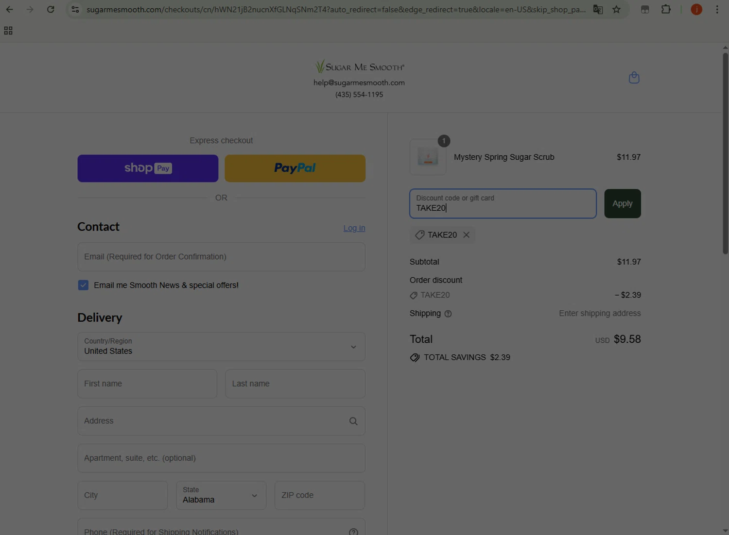 Sugar Me Smooth promo code screenshot showing code TAKE20 applied at Sugar Me Smooth checkout page. Uploaded by SimplyCodes community member WonderSpotter5339 on Aug 20, 2025