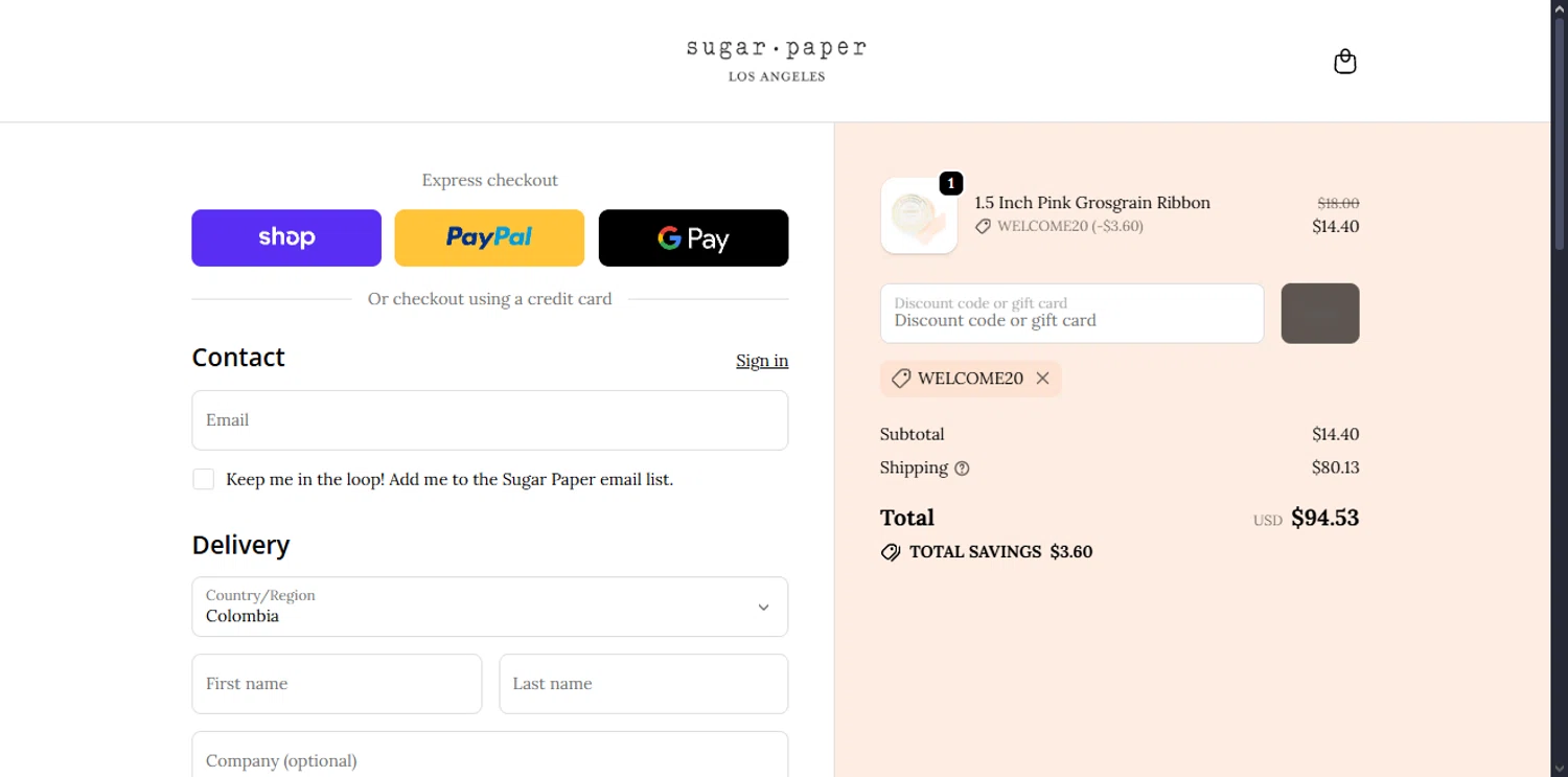 Sugar Paper promo code screenshot showing code WELCOME20 applied at Sugar Paper checkout page. Uploaded by SimplyCodes community member TraxoGamer on Oct 11, 2025