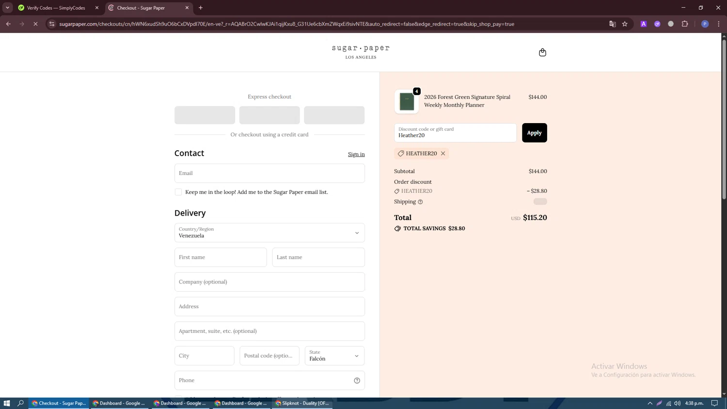 Sugar Paper promo code screenshot showing code Heather20 applied at Sugar Paper checkout page. Uploaded by SimplyCodes community member Darknigth31 on Dec 28, 2025