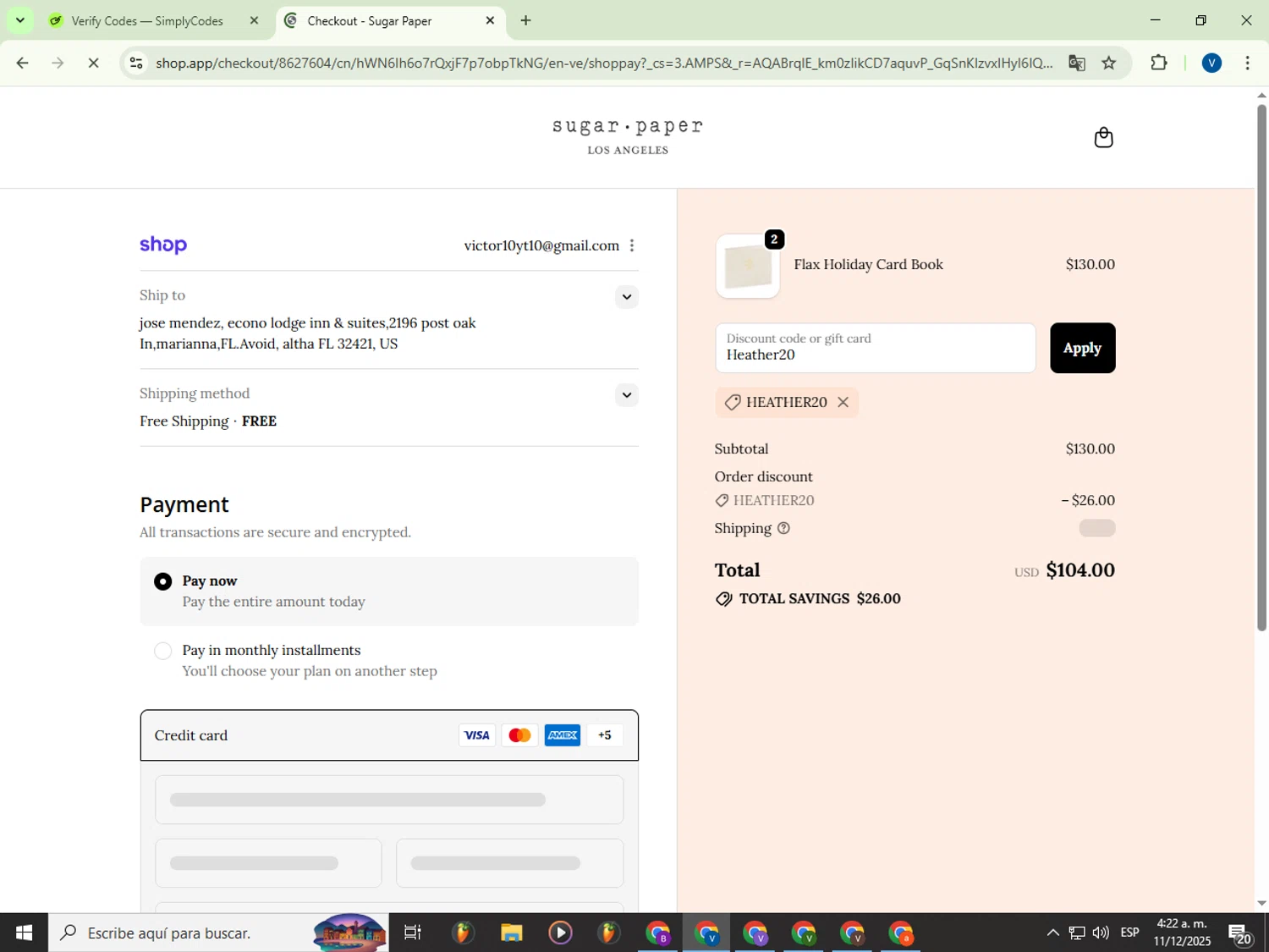 Sugar Paper promo code screenshot showing code Heather20 applied at Sugar Paper checkout page. Uploaded by SimplyCodes community member Garou_Y2K on Dec 11, 2025