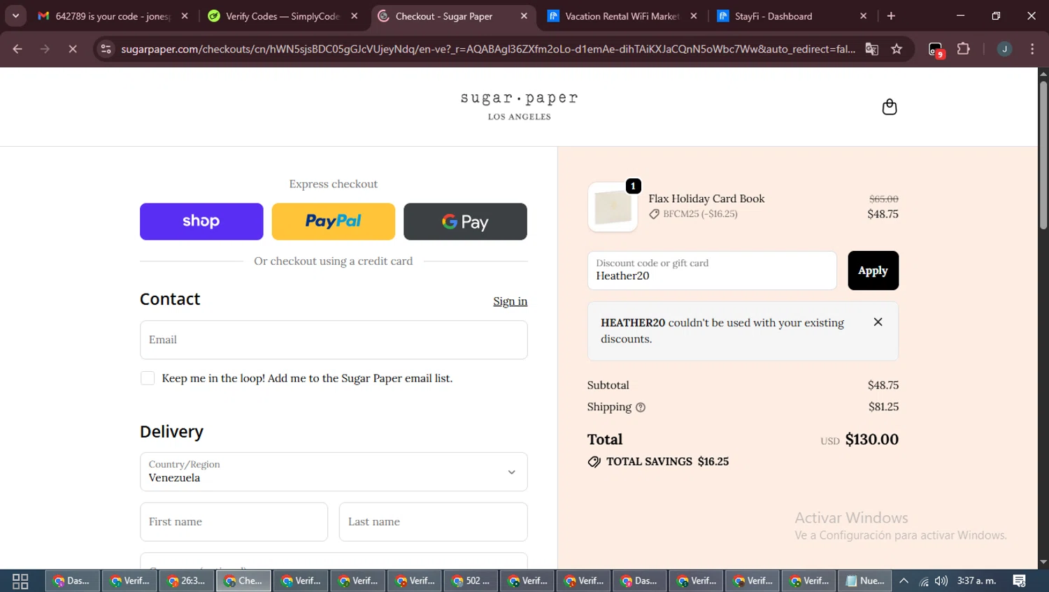 Sugar Paper promo code screenshot showing code Heather20 applied at Sugar Paper checkout page. Uploaded by SimplyCodes community member ScanLynx8928 on Nov 30, 2025