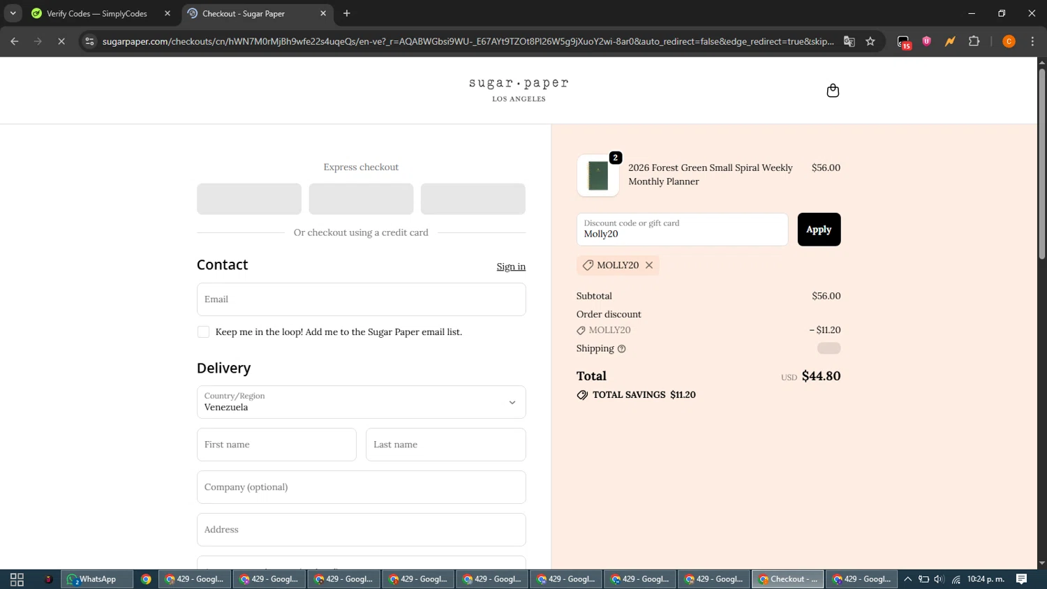 Sugar Paper promo code screenshot showing code Molly20 applied at Sugar Paper checkout page. Uploaded by SimplyCodes community member guest_192805448 on Jan 8, 2026
