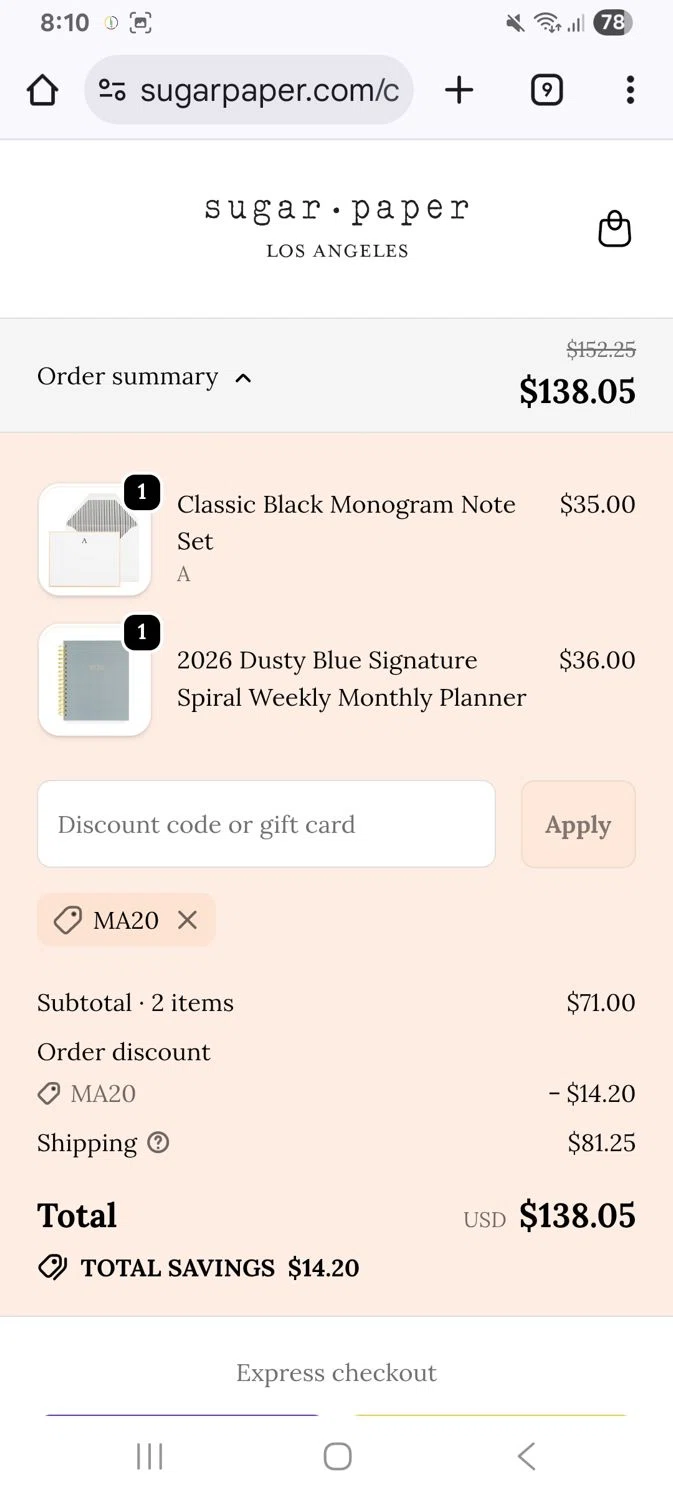 Sugar Paper promo code screenshot showing code Ma20 applied at Sugar Paper checkout page. Uploaded by SimplyCodes community member KarinaHZ on Dec 2, 2025