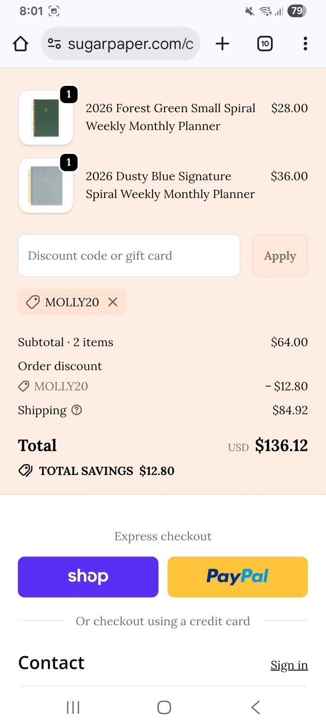 Sugar Paper promo code screenshot showing code Molly20 applied at Sugar Paper checkout page. Uploaded by SimplyCodes community member KarinaHZ on Dec 27, 2025