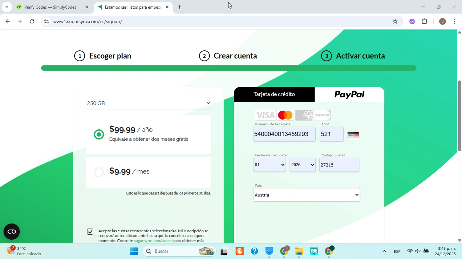 SugarSync promo code screenshot showing code e9rssks83 applied at SugarSync checkout page. Uploaded by SimplyCodes community member ABHF23 on Dec 24, 2025