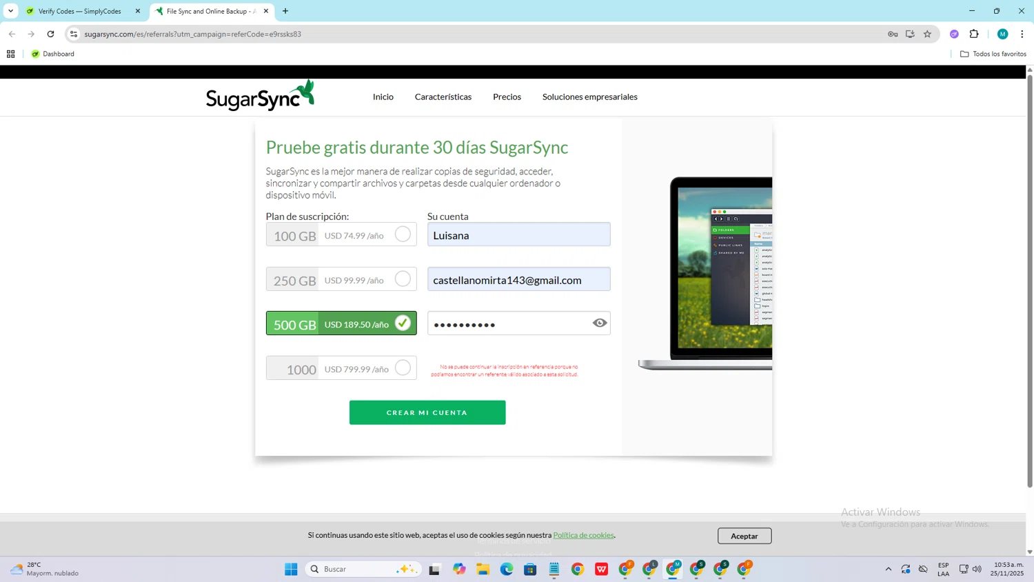 SugarSync promo code screenshot showing code e9rssks83 applied at SugarSync checkout page. Uploaded by SimplyCodes community member ShieldGuardian4930 on Nov 25, 2025