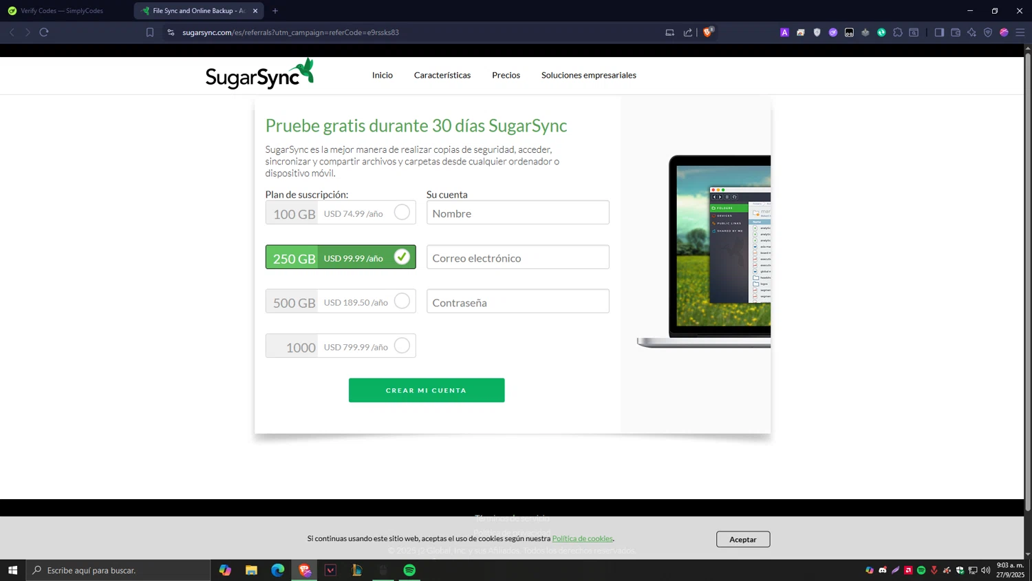 SugarSync promo code screenshot showing code e9rssks83 applied at SugarSync checkout page. Uploaded by SimplyCodes community member Tragedy on Sep 27, 2025