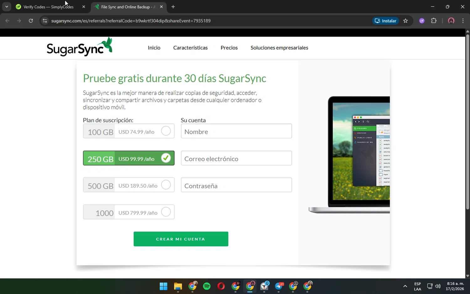 SugarSync promo code screenshot showing code b9wkrtf304 applied at SugarSync checkout page. Uploaded by SimplyCodes community member ShrewdPilot3521 on Feb 17, 2026