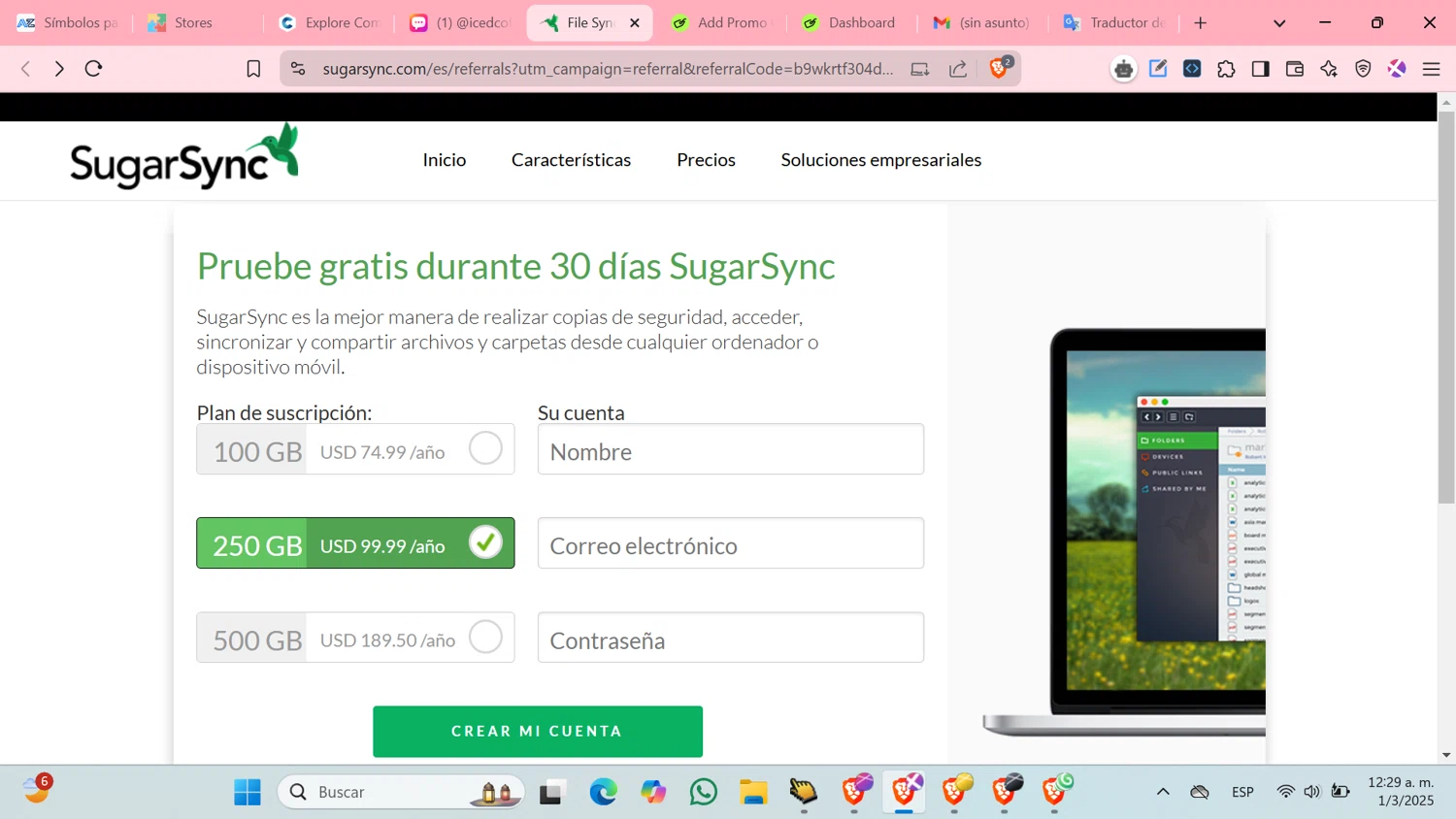 SugarSync promo code screenshot showing code b9wkrtf applied at SugarSync checkout page. Uploaded by SimplyCodes community member cosita on Mar 1, 2025