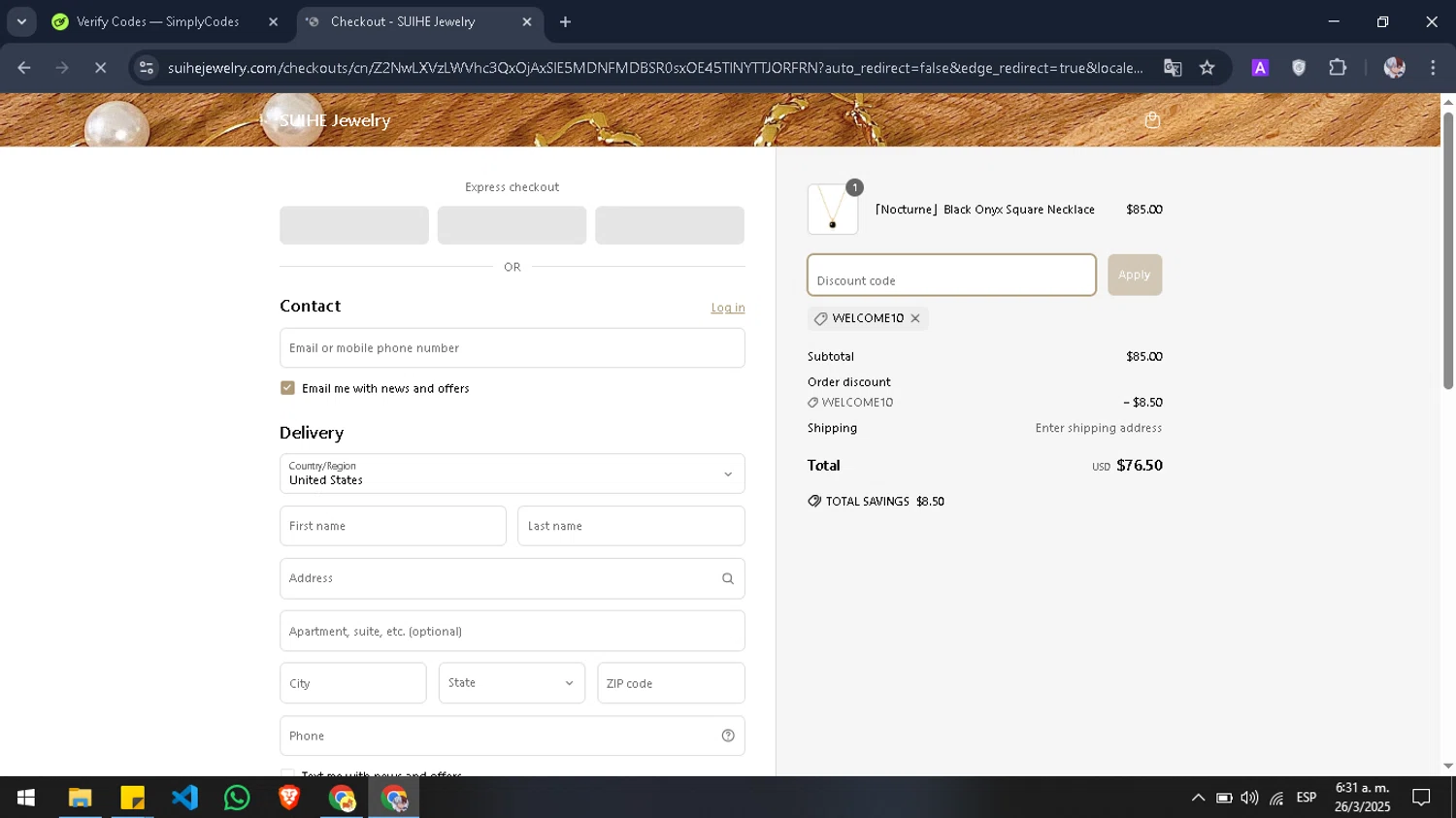 SUIHE promo code screenshot showing code WELCOME10 applied at SUIHE checkout page. Uploaded by SimplyCodes community member Pansito on Mar 26, 2025