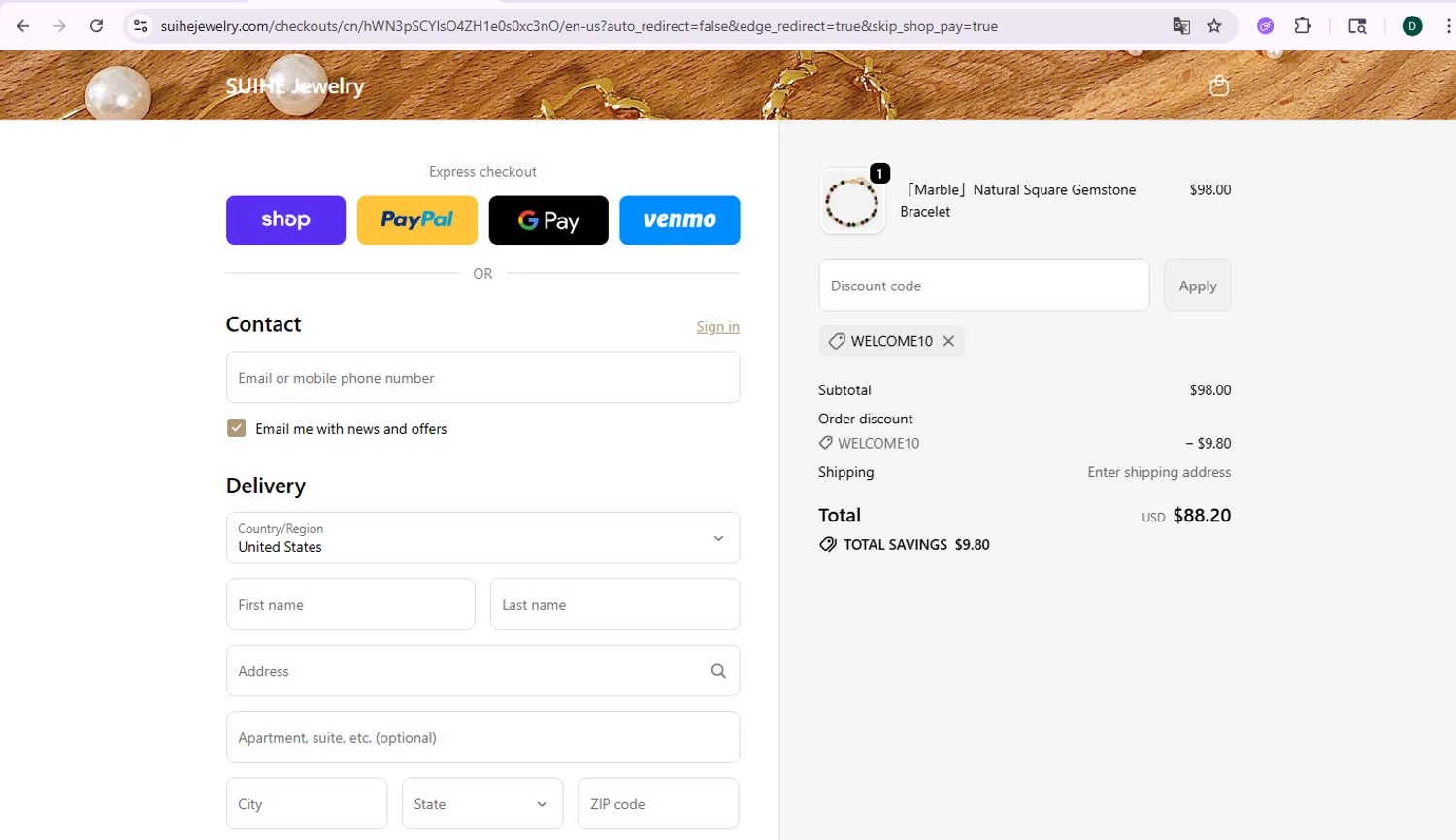 SUIHE promo code screenshot showing code WELCOME10 applied at SUIHE checkout page. Uploaded by SimplyCodes community member drevin007 on Oct 7, 2025
