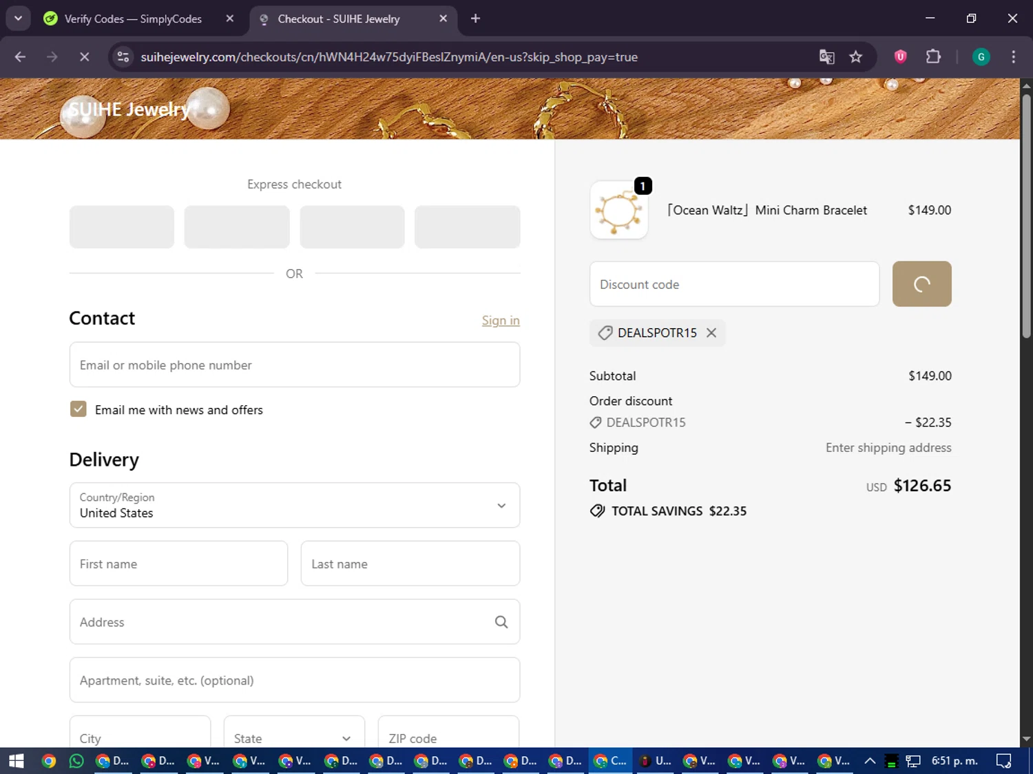 SUIHE promo code screenshot showing code dealspotr15 applied at SUIHE checkout page. Uploaded by SimplyCodes community member PennyFinder5759 on Oct 18, 2025