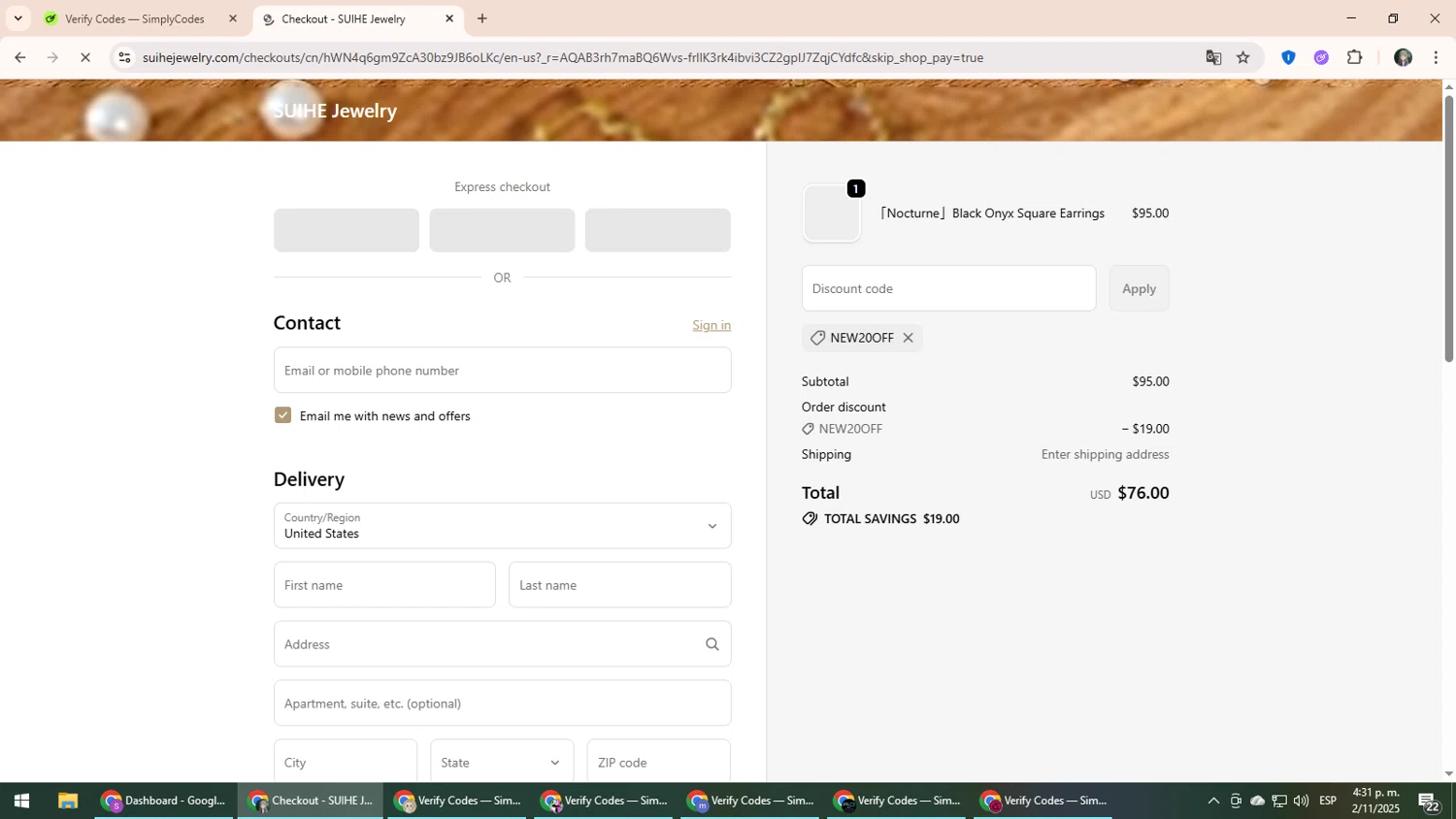 SUIHE promo code screenshot showing code NEW20OFF applied at SUIHE checkout page. Uploaded by SimplyCodes community member CleverLynx6871 on Nov 2, 2025