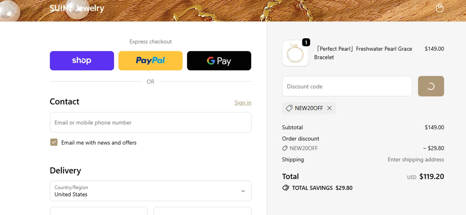 SUIHE promo code screenshot showing code NEW20OFF applied at SUIHE checkout page. Uploaded by SimplyCodes community member Loki_Odinson on Nov 2, 2025