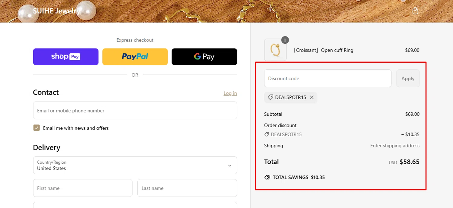 SUIHE promo code screenshot showing code dealspotr15 applied at SUIHE checkout page. Uploaded by SimplyCodes community member Swiftdealz on Mar 5, 2025