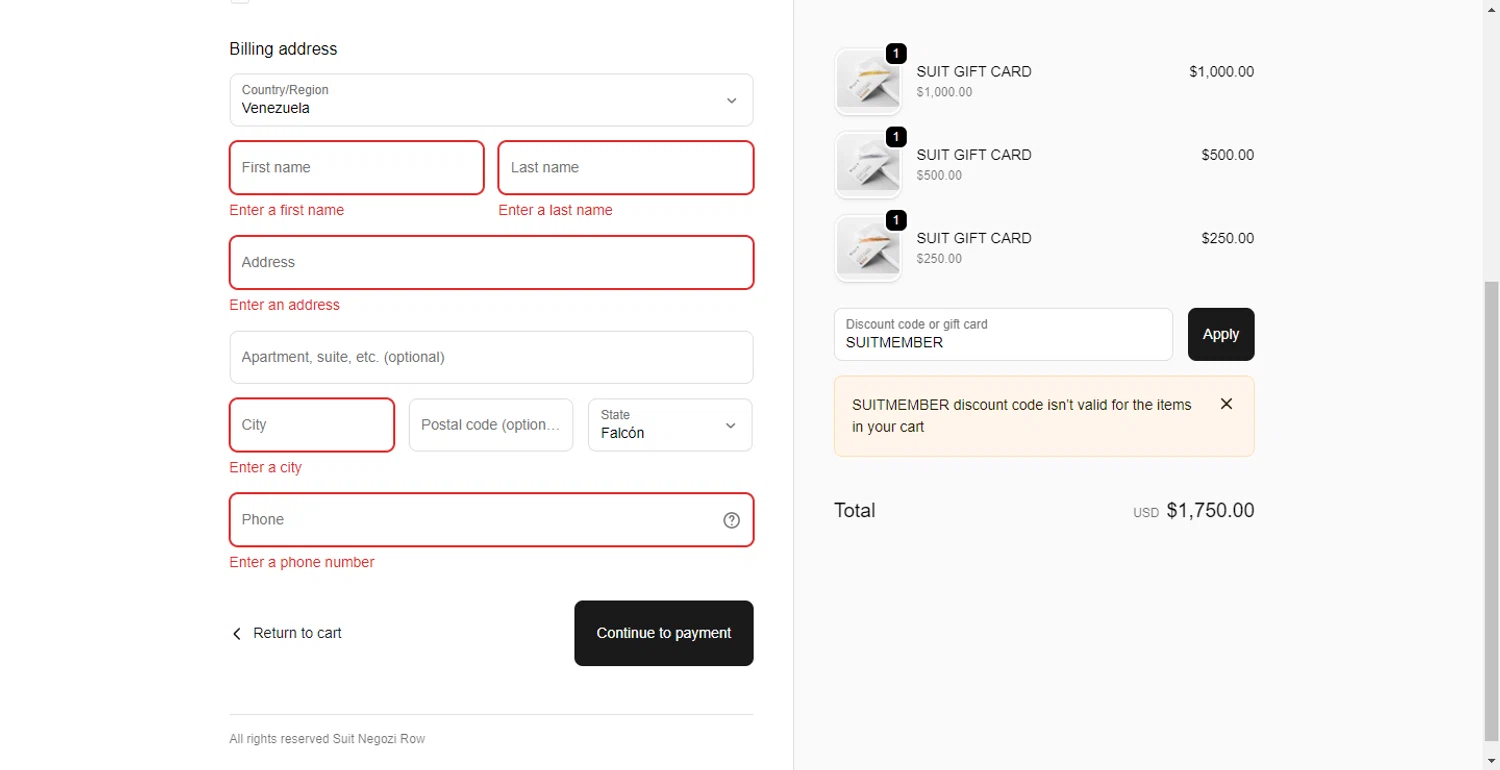 Suit Negozi promo code screenshot showing code SUITMEMBER applied at Suit Negozi checkout page. Uploaded by SimplyCodes community member CodeTitan6120 on Oct 15, 2025