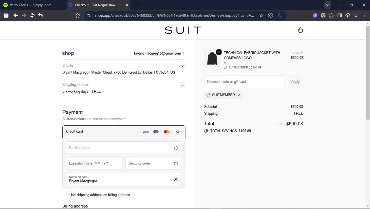 Suit Negozi promo code screenshot showing code SUITMEMBER applied at Suit Negozi checkout page. Uploaded by SimplyCodes community member PromoSpotter1784 on Dec 5, 2025