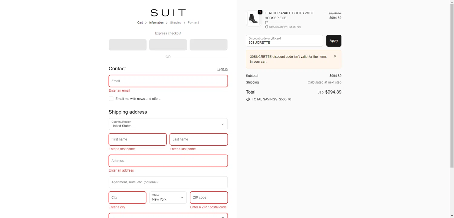 Suit Negozi promo code screenshot showing code 30SUCRETTE applied at Suit Negozi checkout page. Uploaded by SimplyCodes community member PromoAdmiral6652 on Oct 15, 2025