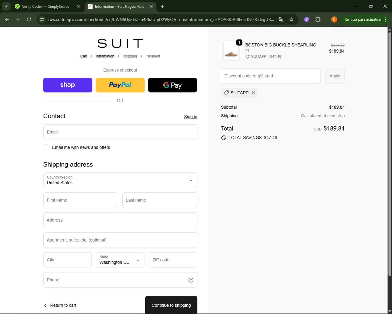 Suit Negozi promo code screenshot showing code SUITAPP applied at Suit Negozi checkout page. Uploaded by SimplyCodes community member FrugalFalcon351 on Nov 20, 2025