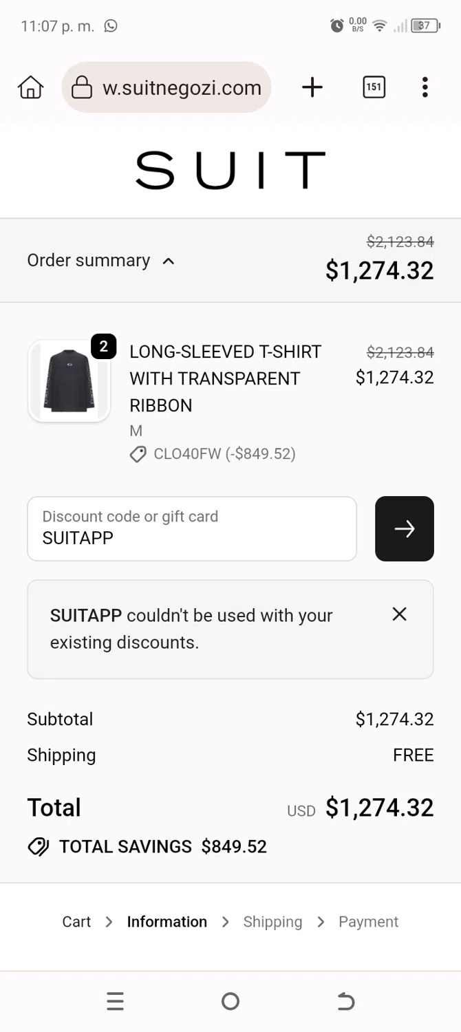 Suit Negozi promo code screenshot showing code SUITAPP applied at Suit Negozi checkout page. Uploaded by SimplyCodes community member Typer19 on Oct 15, 2025