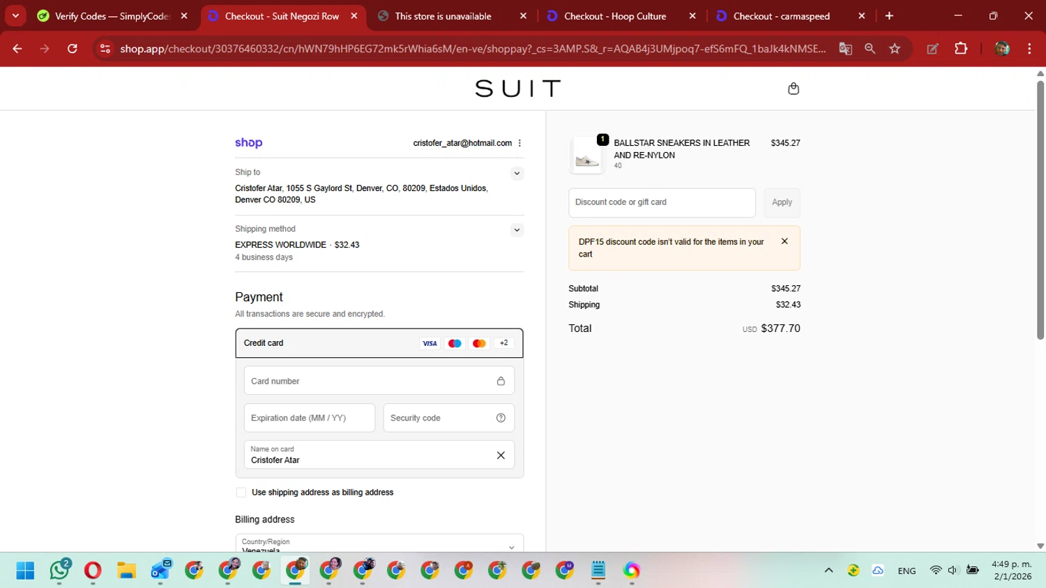 Suit Negozi checkout page showing Suit Negozi promo code box | Screenshot taken by SimplyCodes community member on Jan 2, 2026