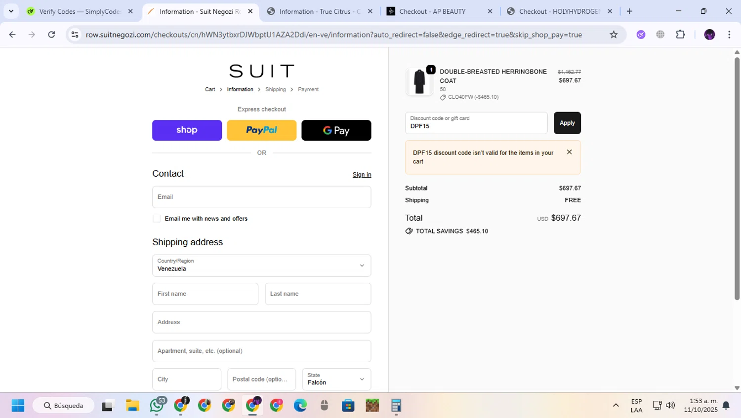 Suit Negozi promo code screenshot showing code DPF15 applied at Suit Negozi checkout page. Uploaded by SimplyCodes community member GloriousGuardian9063 on Oct 11, 2025