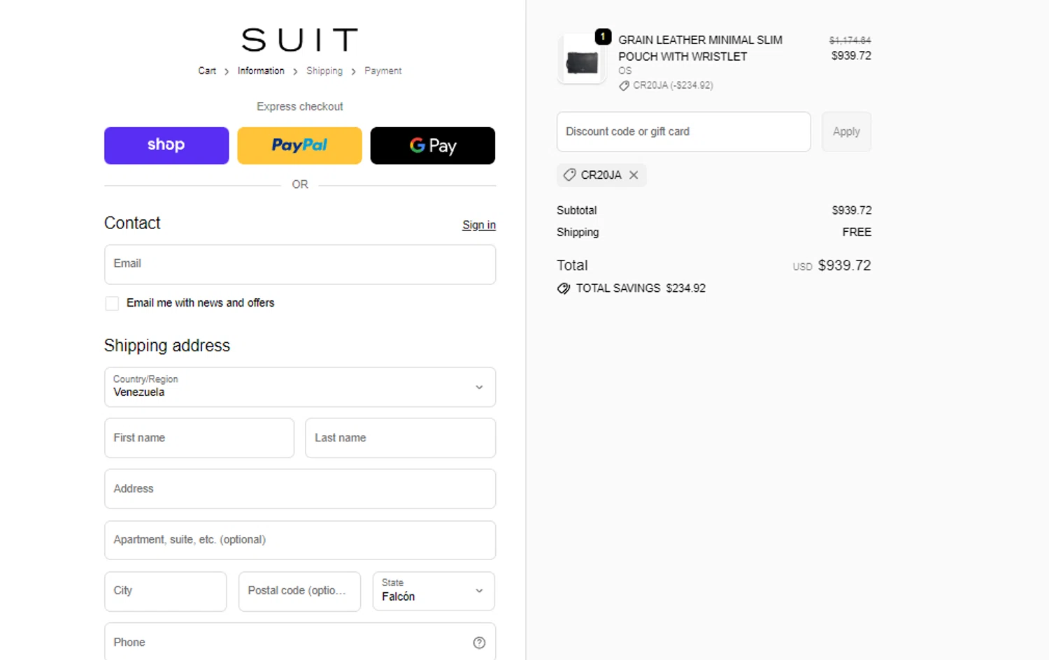Suit Negozi promo code screenshot showing code CR20JA applied at Suit Negozi checkout page. Uploaded by SimplyCodes community member BonusCollector7885 on Dec 11, 2025