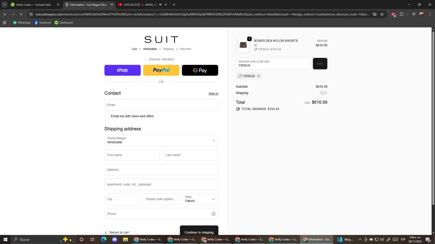 Suit Negozi promo code screenshot showing code CR20JA applied at Suit Negozi checkout page. Uploaded by SimplyCodes community member ScanShopper554 on Nov 30, 2025