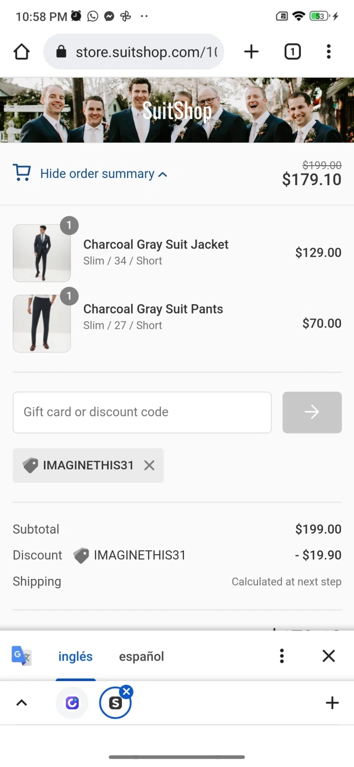 Suit Shop checkout page showing Suit Shop discount code box | Screenshot taken by SimplyCodes community member on Aug 7, 2022