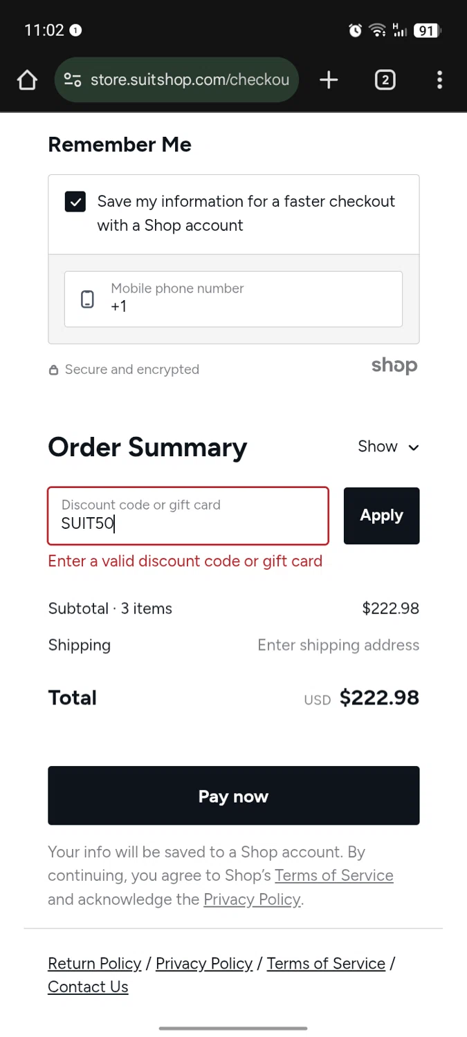 Suit Shop discount code screenshot showing code SUIT50 applied at Suit Shop checkout page. Uploaded by SimplyCodes community member SilverMaestro727 on Sep 3, 2025