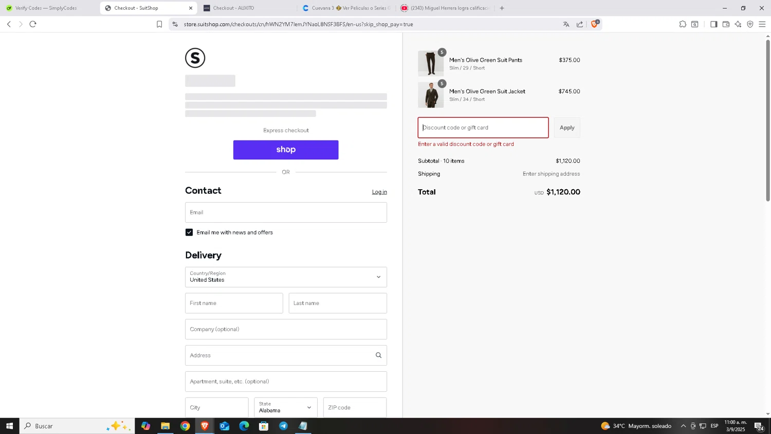 Suit Shop discount code screenshot showing code ULVESTAD10 applied at Suit Shop checkout page. Uploaded by SimplyCodes community member Carloscoder_900457733 on Sep 3, 2025