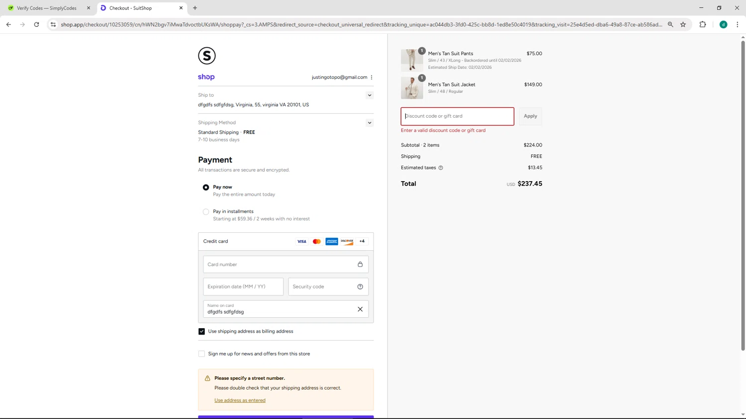 Suit Shop discount code screenshot showing code BRIT75 applied at Suit Shop checkout page. Uploaded by SimplyCodes community member HEROESCUDA on Sep 5, 2025