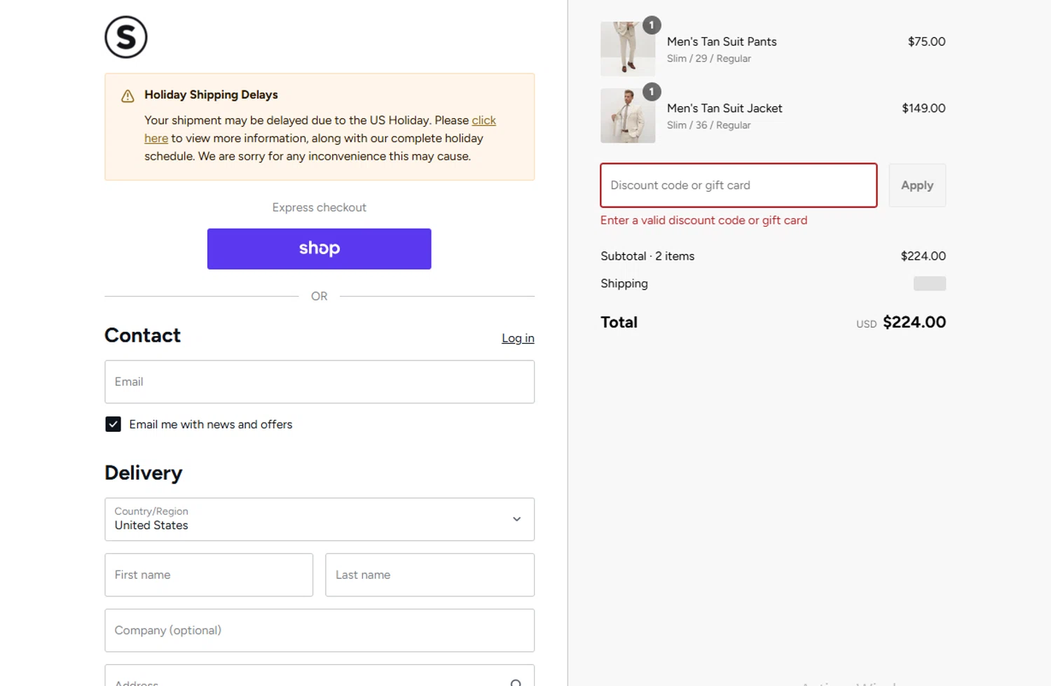 Suit Shop discount code screenshot showing code BRIT75 applied at Suit Shop checkout page. Uploaded by SimplyCodes community member QuestNavigator1687 on Sep 5, 2025