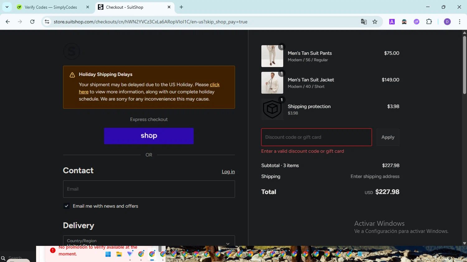 Suit Shop discount code screenshot showing code TUXEDOS50 applied at Suit Shop checkout page. Uploaded by SimplyCodes community member EpicSpotter8045 on Sep 3, 2025