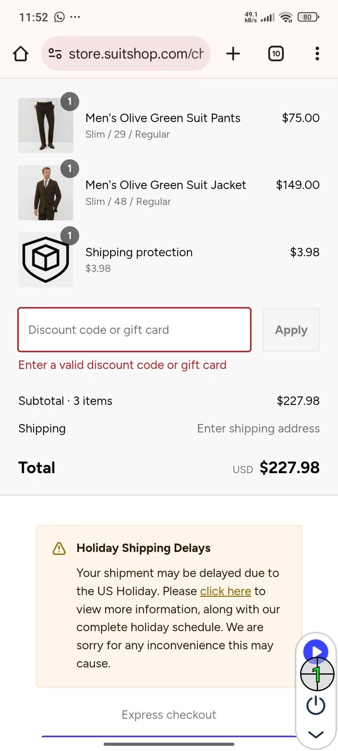 Suit Shop discount code screenshot showing code THEONE30 applied at Suit Shop checkout page. Uploaded by SimplyCodes community member Esteban on Sep 3, 2025