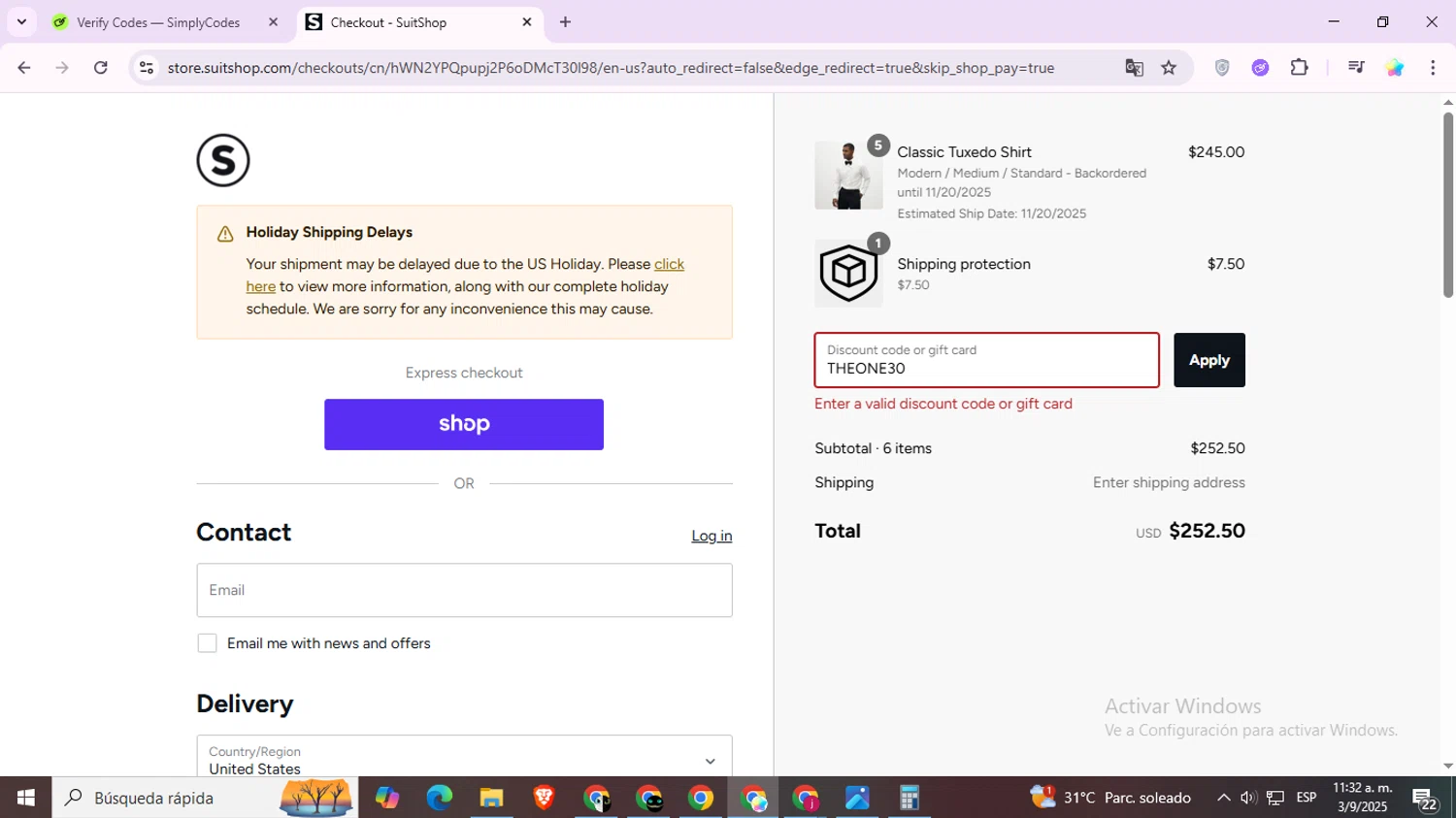 Suit Shop discount code screenshot showing code THEONE30 applied at Suit Shop checkout page. Uploaded by SimplyCodes community member Estrellitacoairis on Sep 3, 2025
