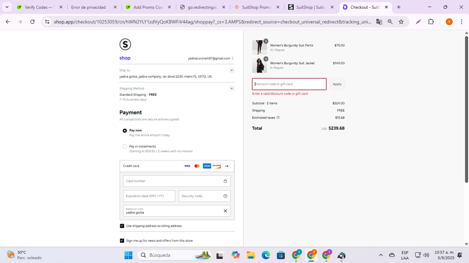 Suit Shop discount code screenshot showing code ULVESTAD10 applied at Suit Shop checkout page. Uploaded by SimplyCodes community member ycg487 on Sep 3, 2025