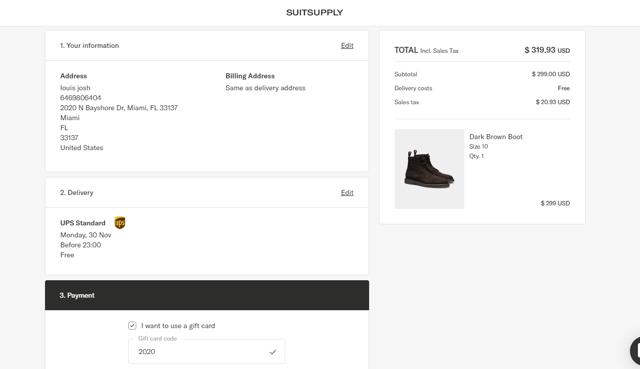 SuitSupply checkout page showing SuitSupply coupon code box | Screenshot taken by SimplyCodes community member on Nov 24, 2020
