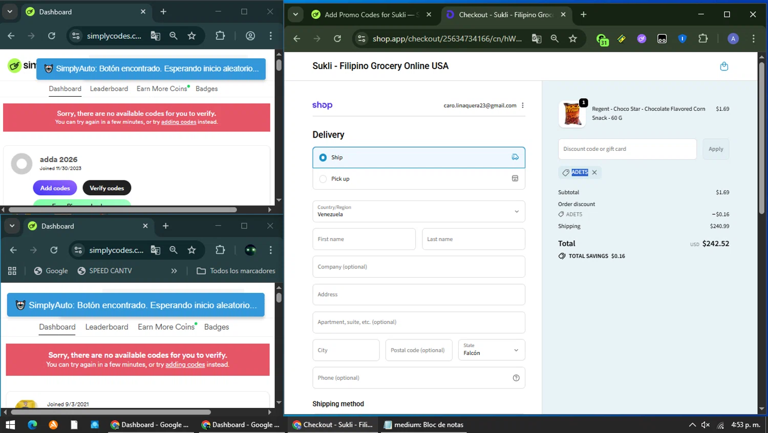 Sukli discount code screenshot showing code ADET5 applied at Sukli checkout page. Uploaded by SimplyCodes community member Carolina23 on Jan 18, 2026