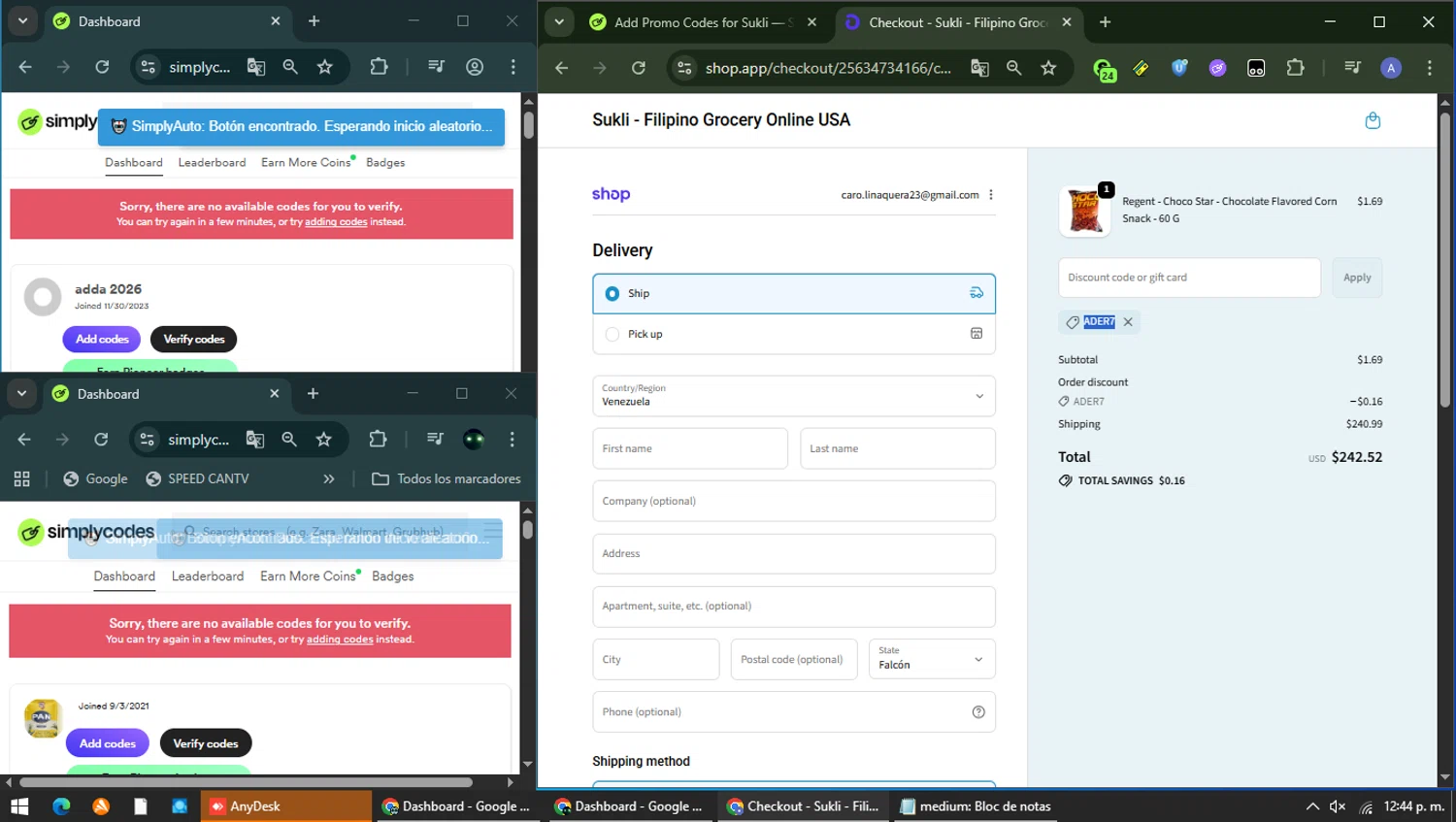 Sukli discount code screenshot showing code ADER7 applied at Sukli checkout page. Uploaded by SimplyCodes community member Carolina23 on Jan 10, 2026