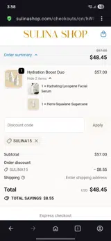 Sulina15 coupon verification screenshot