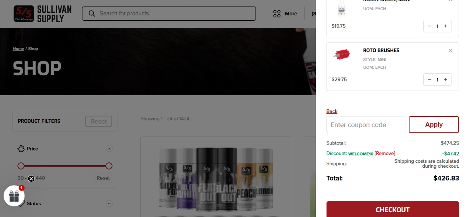 Sullivan Supply coupon code screenshot showing code welcome10 applied at Sullivan Supply checkout page. Uploaded by SimplyCodes community member CleverEagle9672 on Sep 27, 2025