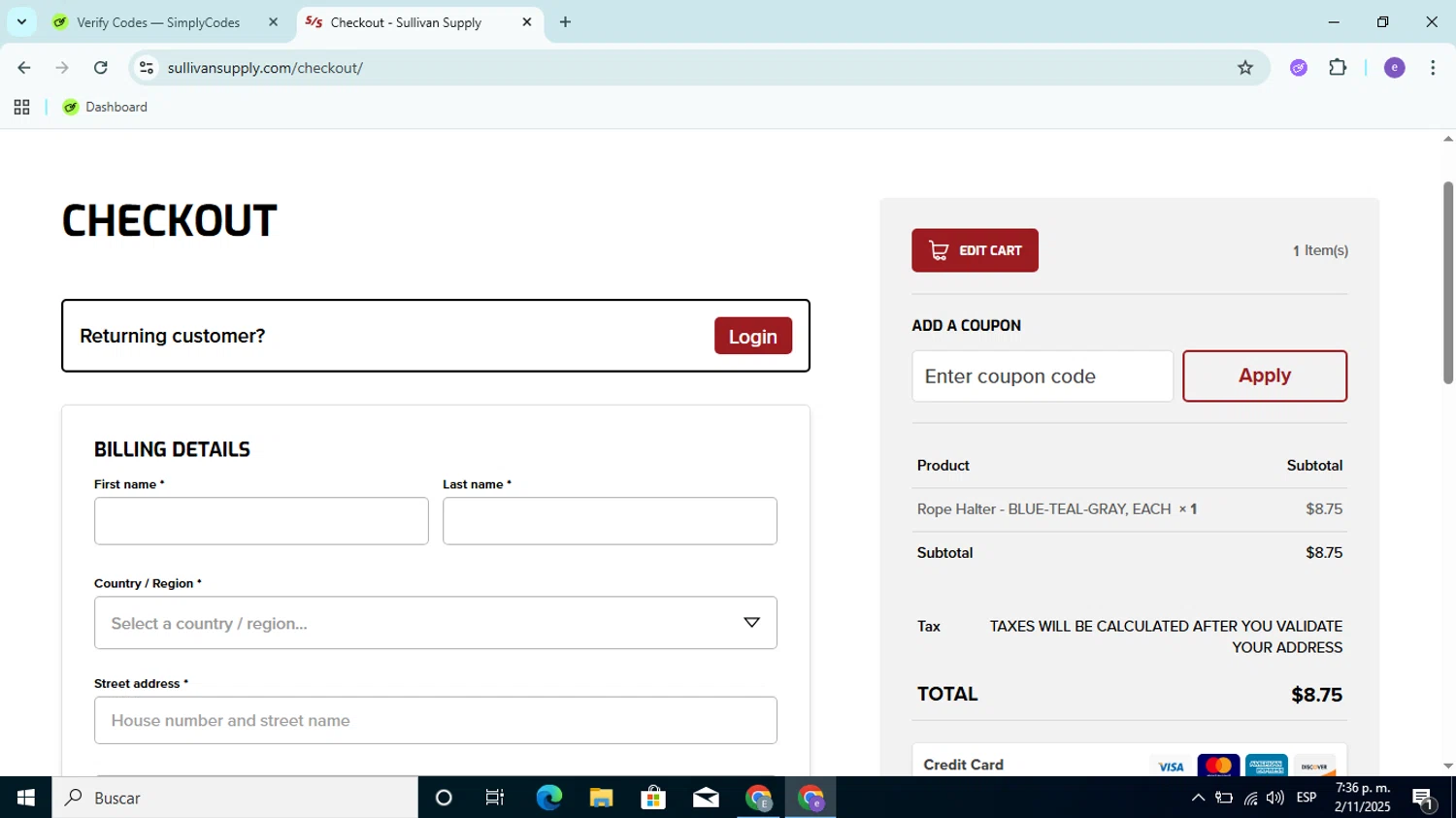 Sullivan Supply coupon code screenshot showing code welcome10 applied at Sullivan Supply checkout page. Uploaded by SimplyCodes community member Esteban14 on Nov 2, 2025