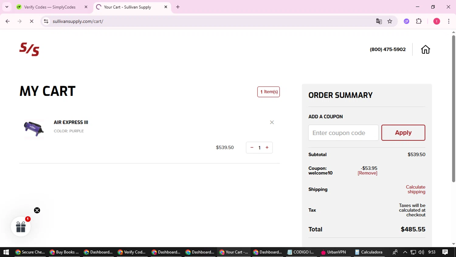 Sullivan Supply coupon code screenshot showing code welcome10 applied at Sullivan Supply checkout page. Uploaded by SimplyCodes community member ScanExpert2824 on Sep 27, 2025