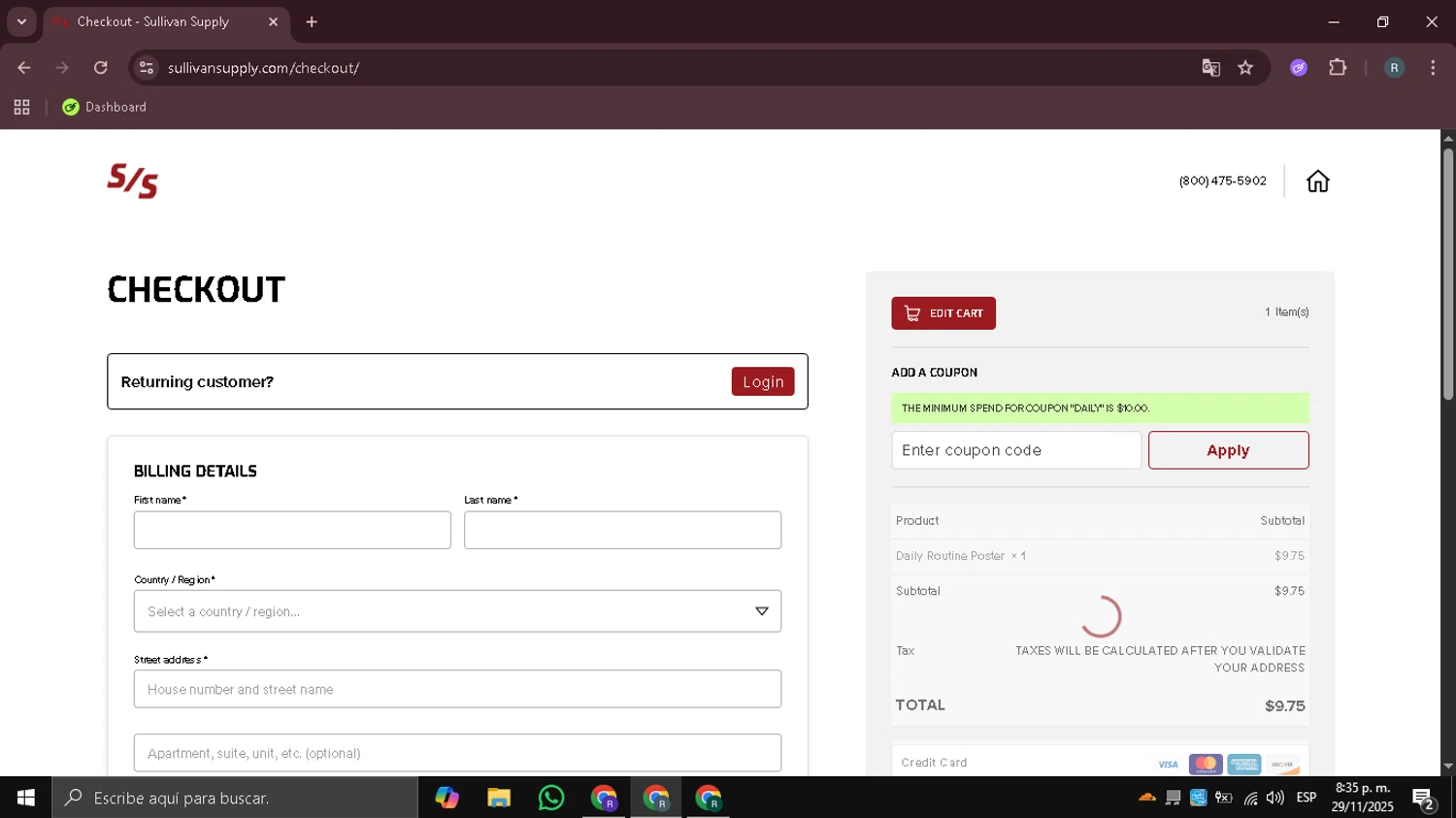 Sullivan Supply coupon code screenshot showing code DAILY applied at Sullivan Supply checkout page. Uploaded by SimplyCodes community member DealHawk3765 on Dec 1, 2025