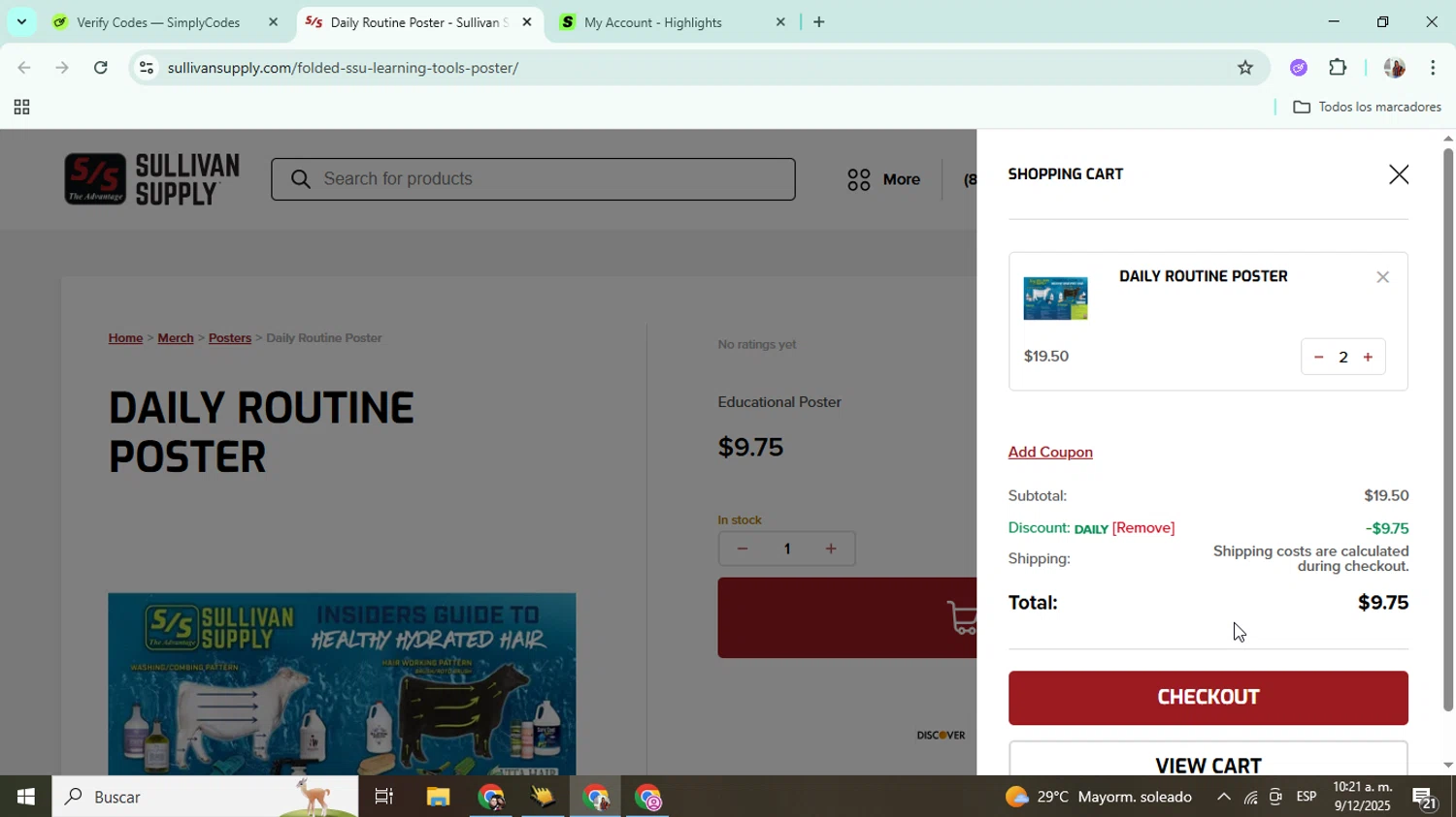 Sullivan Supply coupon code screenshot showing code DAILY applied at Sullivan Supply checkout page. Uploaded by SimplyCodes community member Mujerdejunnior on Dec 9, 2025