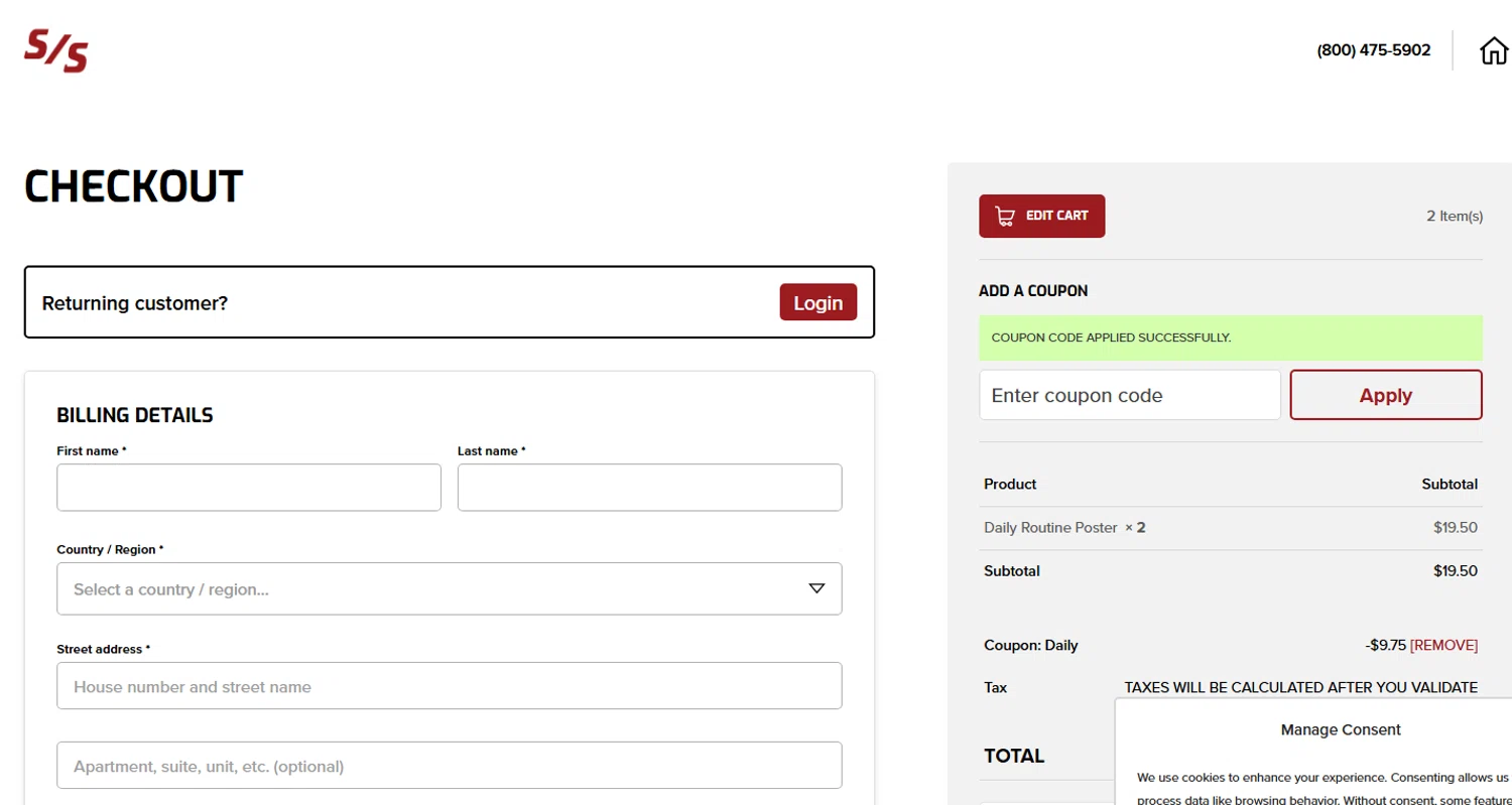 Sullivan Supply checkout page showing Sullivan Supply coupon code box | Screenshot taken by SimplyCodes community member on Oct 26, 2025