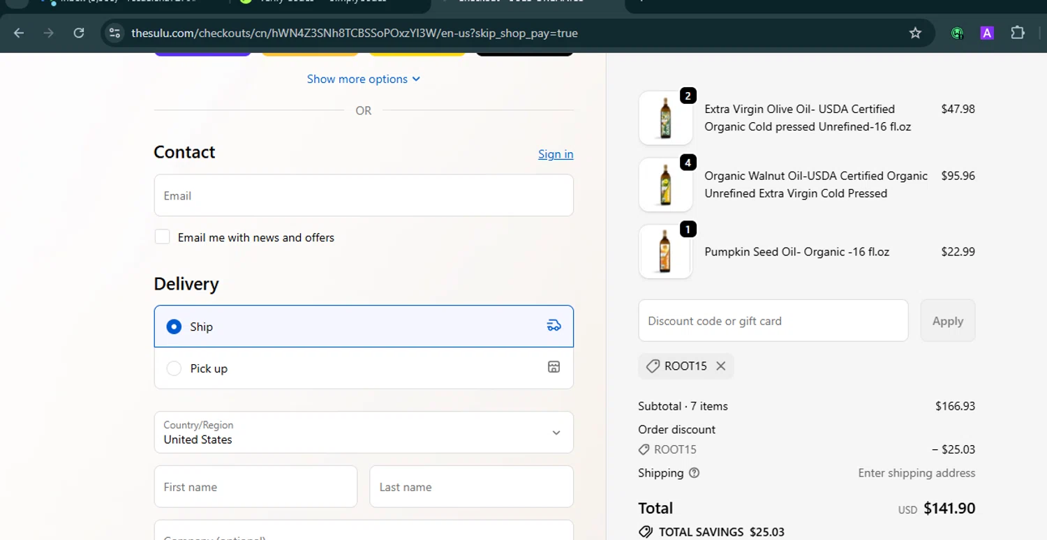 Sulu Organics discount code screenshot showing code ROOT15 applied at Sulu Organics checkout page. Uploaded by SimplyCodes community member VoucherHero6322 on Oct 26, 2025